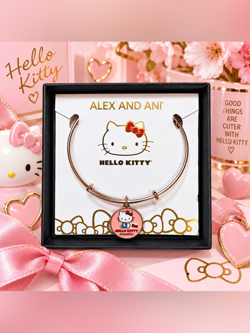 Alex and Ani Rose Gold Hello Kitty Pink Enamel Charm Bangle